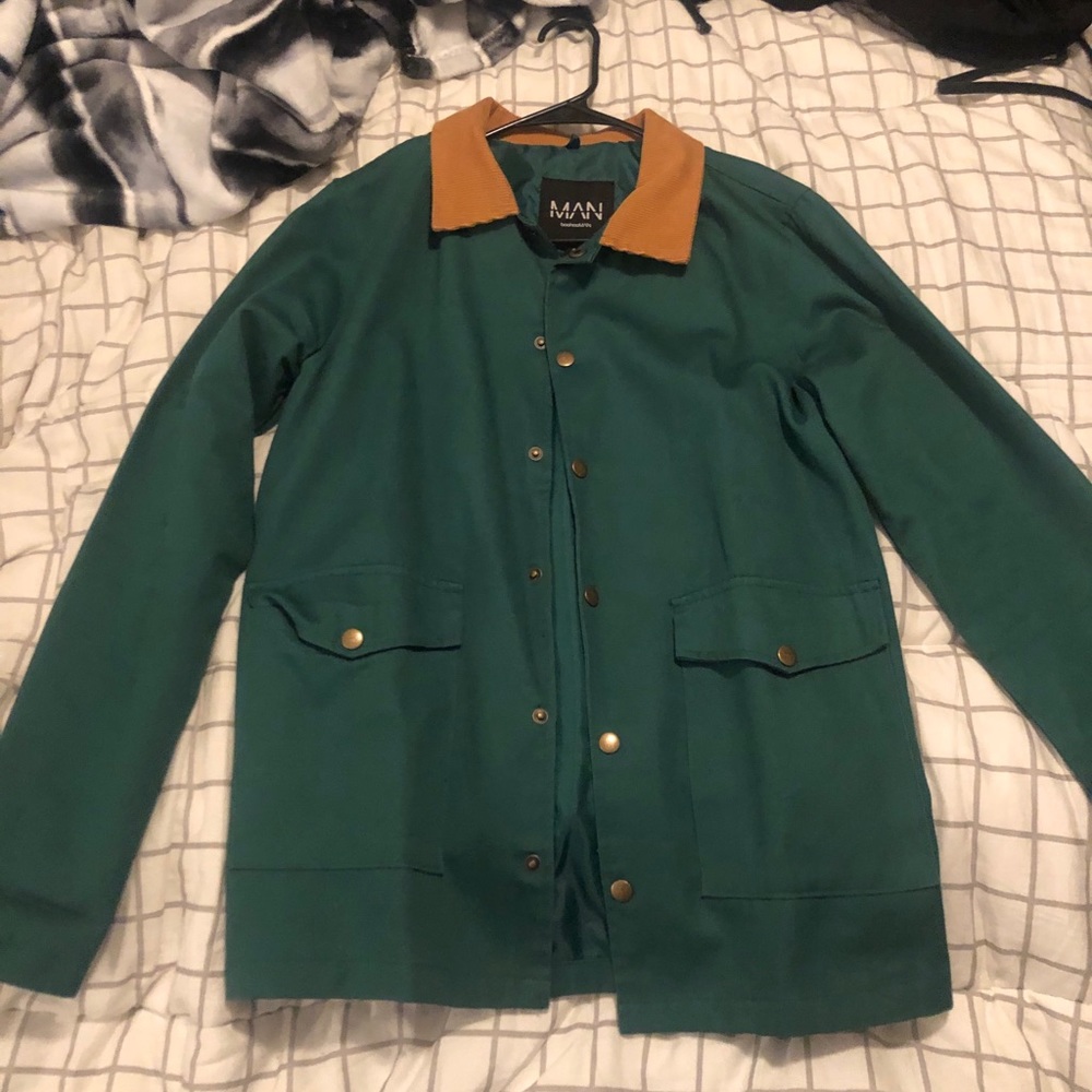 Boohoo Men's Forest Green Jacket with Camel Collar